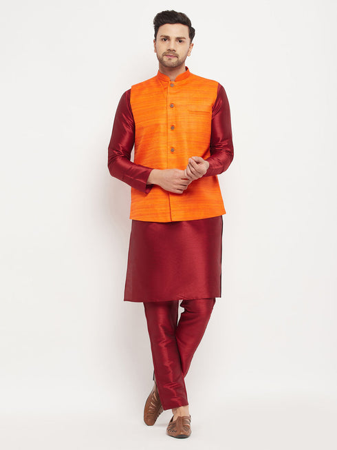 Vastramay Men's Orange Matka Silk Nehru Jacket With Maroon Silk Blend Kurta and Pant style Pyjama Set